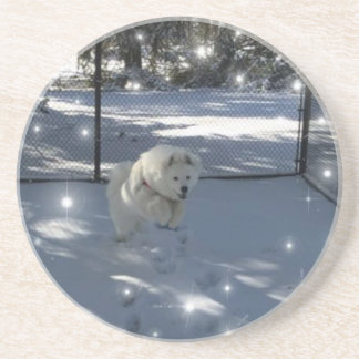 En Grès Saut Samoyé dans le dessous de verre de neige