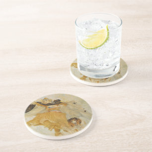 En Grès Vintage dame avec ses Dessous de verre de chien