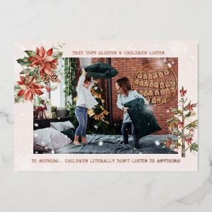 En kinderen luisteren Grappige kerst fotokaart Folie Feestdagenkaart