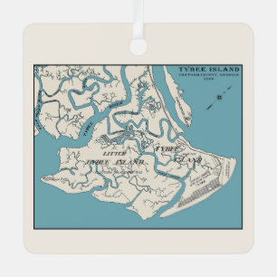 En Métal Carte de l'île de Tybee Géorgie 1906 Ornement
