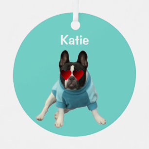En Métal Joli Ornement de French Bulldog Cœurs Sarcelle 4Ka