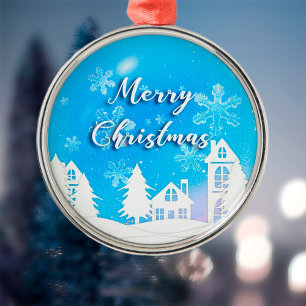 En Métal Joyeux Noël Maison Blanche Ornement bleu neige