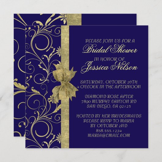 en or de luxe Damask Blue Douche Invitation (Devant / Derrière)