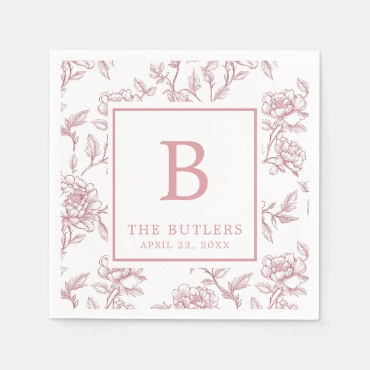 En Papier Chinoiserie Florale rose Mariage initial serviette (Devant)