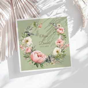 En Papier Élégante serviette de mariage florale pivoine vert