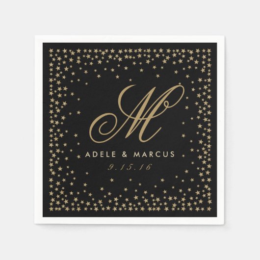 En Papier Fancy Gold Stars Monogramme Mariage noir serviette (Devant)