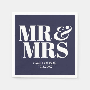 En Papier Marine Bleu M & Mme Mariage personnalisé serviette