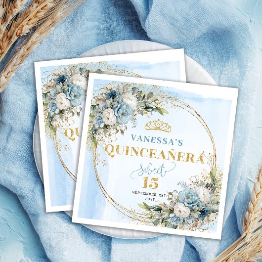 En Papier Serviette de 15e anniversaire Fleurs de Bleu Paste