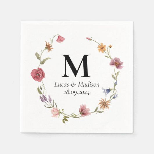 En Papier Serviette de mariage à monogramme de fleurs sauvag (Devant)