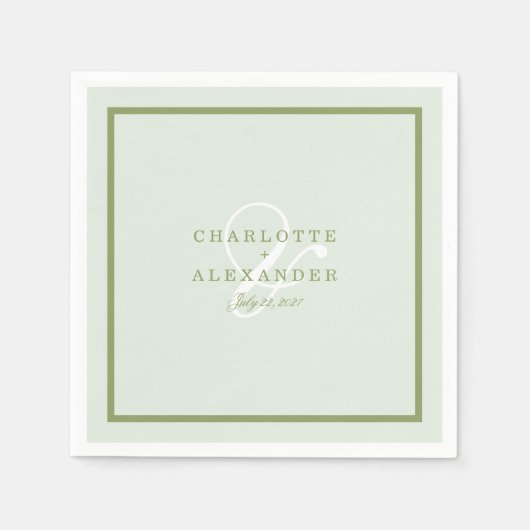 En Papier Serviette de mariage à monogramme vert mousse (Devant)