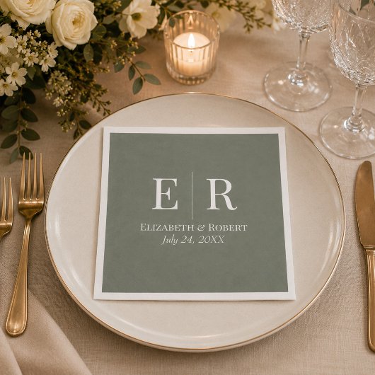 En Papier Serviette de mariage à monogramme vert olive foncé