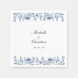 En Papier Serviette de mariage à motif floral aquarelle bleu