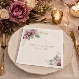 En Papier Serviette de mariage botanique prune et olive