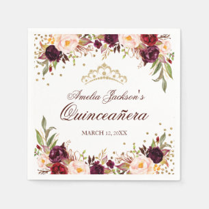 En Papier Serviette de Quinceanera florale bordeaux or éléga