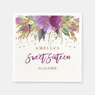 En Papier Serviette Floral Pailleté Améthyste Sweet 16