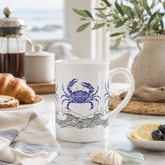 En Porcelaine Tasse à café Crabe Bleu Côtiers avec Vagues Océani