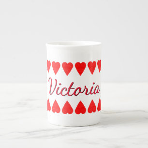 En Porcelaine Tasse - Rangées de cœurs rouges et nom