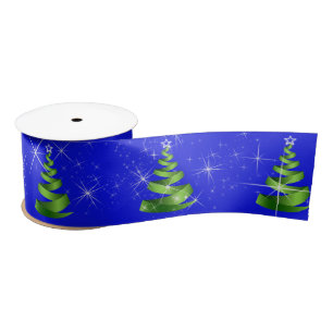 En Satin Arbres de Noël Étincelants De Ruban Vert Sur Bleu