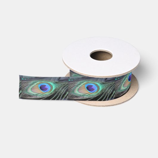 En Satin Bright Peacock Feather Festive Custom Art Ruban (Bobine)