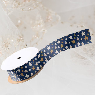 En Satin Élégant Stars Noël Blue Gold Ruban