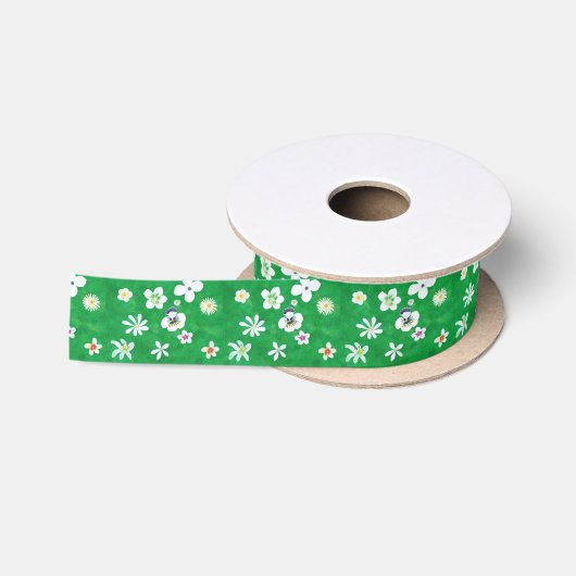 En Satin Fleurs blanches peintes sur ruban vert mélangé (Bobine)