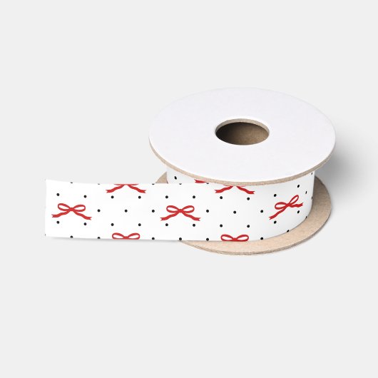 En Satin Pot Polka blanc et noir avec ruban rouge (Bobine)