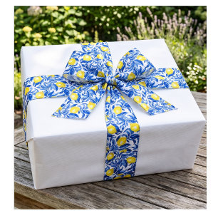 En Satin Ruban à motif de citron à l'aquarelle bleue
