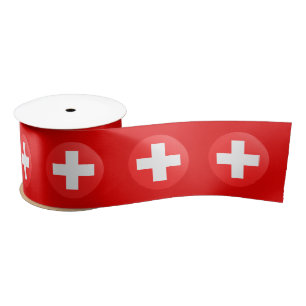 En Satin Ruban Drapeau Suisse, cercle Suisse sur Rouge
