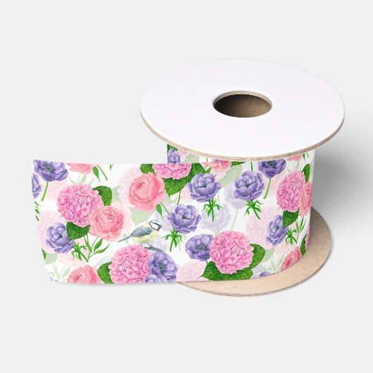 En Satin Ruban satiné Tit oiseau et fleurs (Bobine)