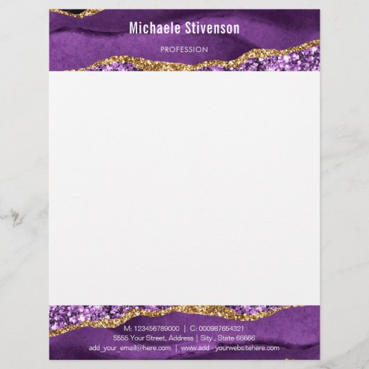 En-tête De Lettre Agate Violet violet or Parties scintillant moderne (Devant)