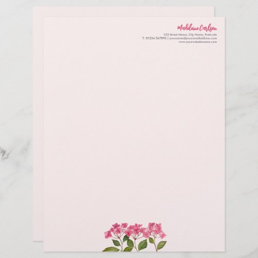 En-tête De Lettre Aquarelle rose Hydrangée Lacecaps Illustration (Devant / Derrière)