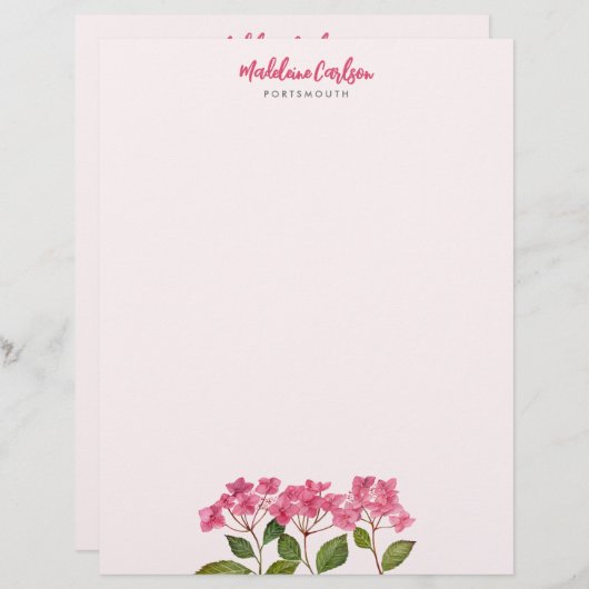 En-tête De Lettre Aquarelle rose Hydrangée Lacecaps peinture florale (Devant / Derrière)