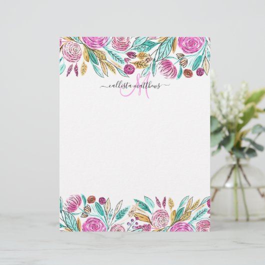 En-tête De Lettre Artsy Elegant rose Turquoise Aquarelle Florale Mon (Debout devant)