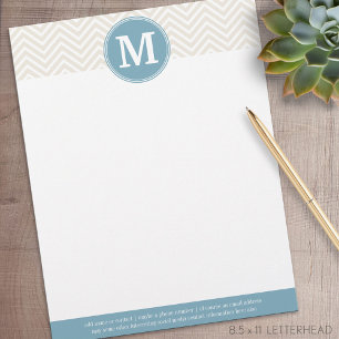 En-tête De Lettre Avec Motif Chevrons Pastel Bleu et Linge Monogrammes personna