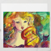 EN-TÊTE DE LETTRE AVEC MOTIF FILLE VIOLINISTE, VIOLIN ET CAT (Devant / Derrière)