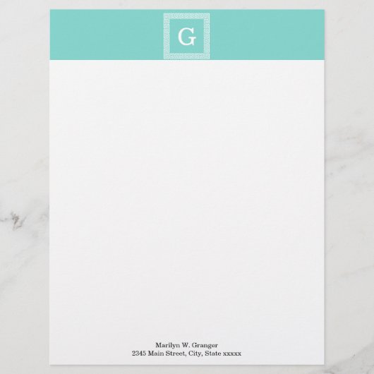En-tête De Lettre Avec Motif Monogramme initial Turquoise Wht Cadre clé grecque (Devant)