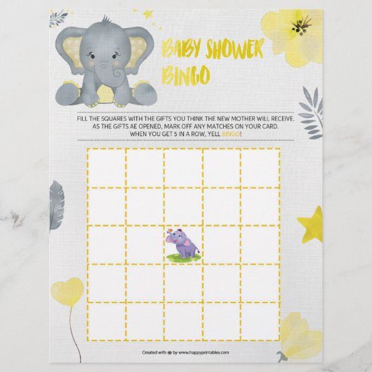 En-tête De Lettre Bingo baby shower [Eléphant bébé [Jaune] (Devant)