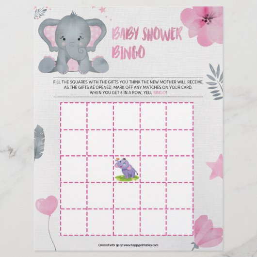 En-tête De Lettre Bingo baby shower [Eléphant bébé [rose] (Devant)