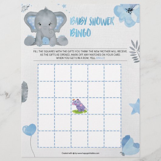 En-tête De Lettre Bingo de Baby Shower [Éléphant Bébé [Bleu] (Devant)