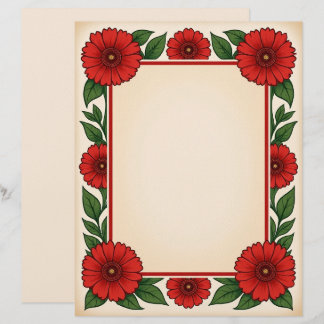 En-tête De Lettre Bright Red Flowers & Frame Stationery Paper