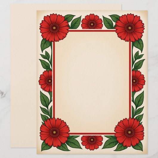En-tête De Lettre Bright Red Flowers & Frame Stationery Paper (Devant / Derrière)