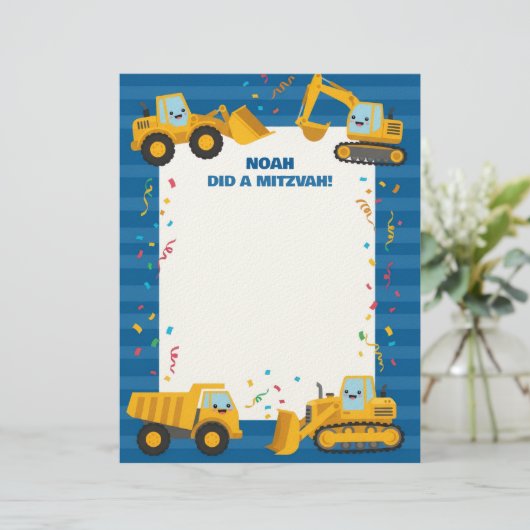 En-tête De Lettre Construction Camions Nom personnalisé Mitzvah Note (Debout devant)