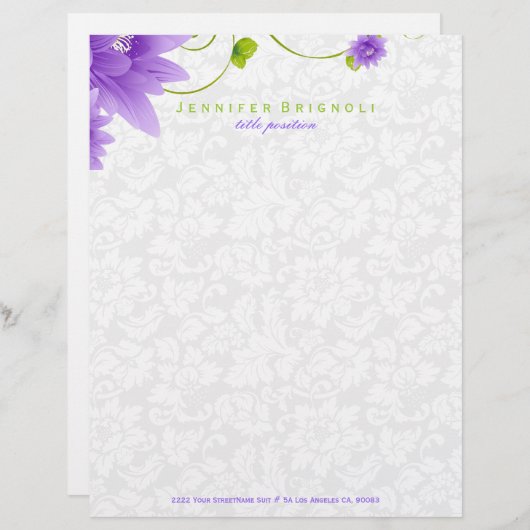 En-tête De Lettre Customisable Design Floral Violet Blanc Et Vert (Devant / Derrière)