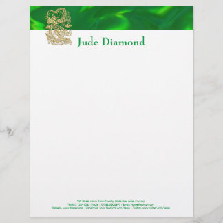 En-tête De Lettre Customisable Dragon doré embouti sur Satin vert