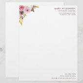 En-tête De Lettre Customisable Fleur et feuille roses, mauve, et pourpres (Devant / Derrière)