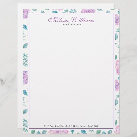 En-tête De Lettre Customisable Motif Rose clair violet (Devant / Derrière)