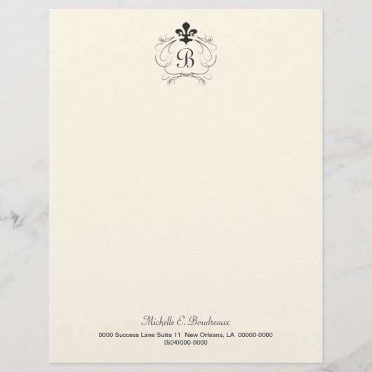 En-tête De Lettre Customisée Elegant Fleur de Lis Monogram blanc noir (Devant)