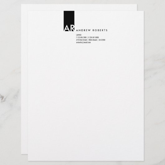 En-tête De Lettre Customisée Monogramme moderne Avocat noir blanc Haut (Devant / Derrière)