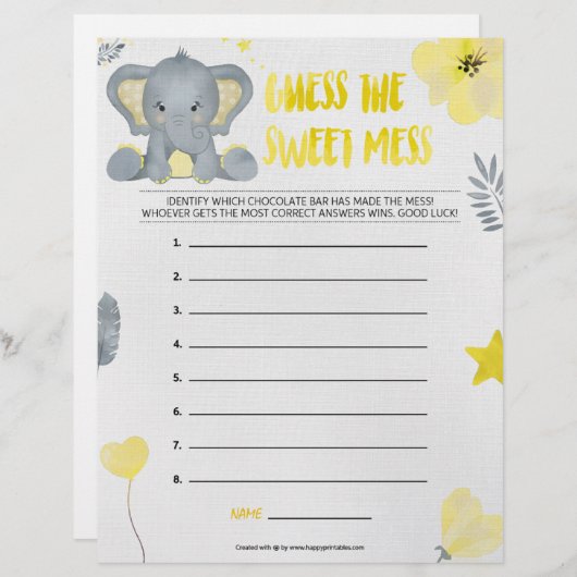 En-tête De Lettre Devinez La Douce Mess [Baby Elephant [Jaune] (Devant / Derrière)