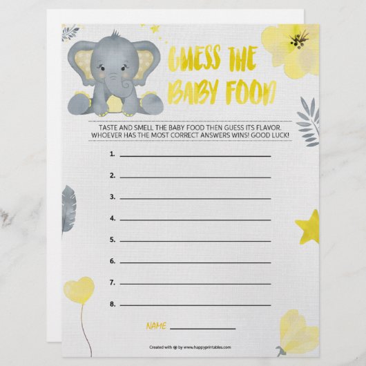 En-tête De Lettre Devinez La Nourriture Bébé [Eléphant Bébé [Jaune] (Devant / Derrière)